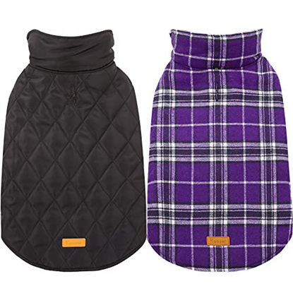 Picture of Kuoser Cozy Waterproof Windproof Reversible British Style Plaid Dog Vest Winter Coat Warm Dog Apparel for Cold Weather Dog Jacket for Small Medium Large Dogs with Furry Collar (XXS - 4XL) Purple XXL