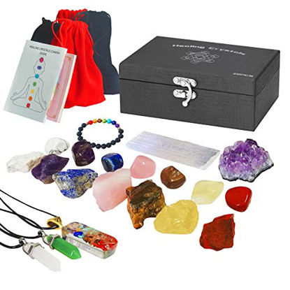 Picture of 20PCS Crystals and Healing Stones Set in Gift Box, 7 Raw and 7 Tumbled Chakra Stones, 1 Amethyst Cluster, 1 Selenite Crystal for Charging, 1 Orgonite Chakra Pendant, 2 Agate Necklaces, 1 Lava Bracelet
