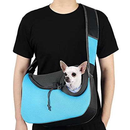 Picture of WOYYHO Large Dog Sling Carrier Pet Sling Carrier Mesh Hand Free Safe Dog Crossbody Bag Dog Satchel Carrier with Hard Bottom Support for Small Medium Dog Cat Rabbit ( Sky Blue )
