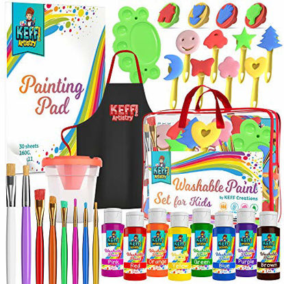 Picture of Washable Kids Paint Set - Deluxe 32-Piece Washable Paint for Kids, Includes Paint Brushes, Painting sponges, Tempera Finger Paint, Paint Palette, Paint Apron - Safe Non Toxic Fun Kit for all Ages