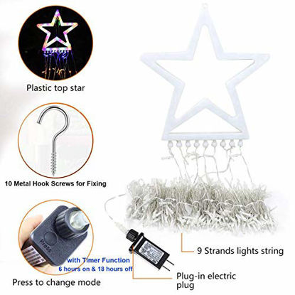 Picture of (New) FUNIAO Christmas Decorations Outdoor Star Lights, 320 LED Curtain String Lights, Star Hanging Christmas Tree Topper Lights with 12" Star for Holiday, Wedding, Party, New Year (Multicolor)