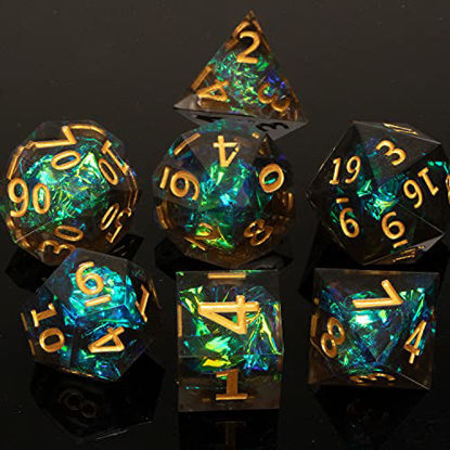 Picture of Resin DND Dice Set , RUNFNG Sharp Edges Dice D&D Dice Set for for Dungeons and Dragons Role Playing Dice , 7 Pcs Translucent D + D RPG Polyhedral Dice Set with Gift Box D20 D12 D10 D8 D6 D4