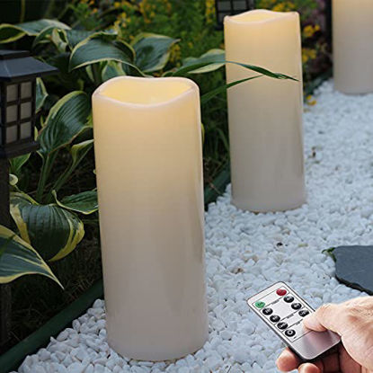 Picture of 4X10 inch Large Outdoor IP44 Warm White LED Rainproof Waterproof Candles, Huge Flameless Battery LED Pillar Candle with Remote and Timer, Resin, No Melt, 2 Pack