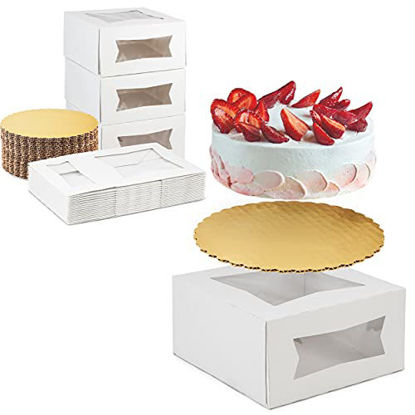 Picture of [25 Sets] 8x8x4 White Cake Box with Window and 8 Inches Round Gold Base Circle Board - Cardboard Gift Packaging for Pie, Cupcake, Cookies, Pastry, Restaurant and Bakery Containers