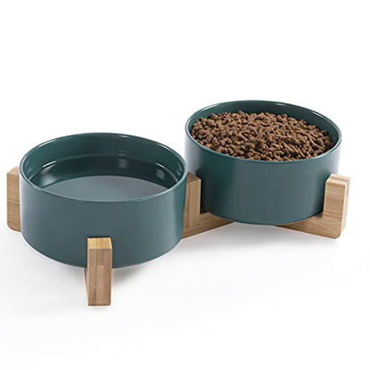 Picture of Ihoming Dog Bowls, Cats Ceramic Food and Water Bowls Set, 3.5 Cups X 2, Indoors Green Pet Bowls with Wood Stand