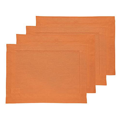 Picture of Solino Home 100% Pure Linen Hemstitch Placemats - Pumpkin Set of 4, 14 x 19 Inch Placemats, European Flax Natural Fabric Machine Washable Classic Hemstitch - Handcrafted with Mitered Corners