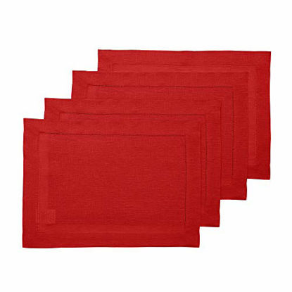 Picture of Solino Home 100% Pure Linen Hemstitch Placemats - Red Set of 4, 14 x 19 Inch Placemats, European Flax Natural Fabric Machine Washable Classic Hemstitch - Handcrafted with Mitered Corners