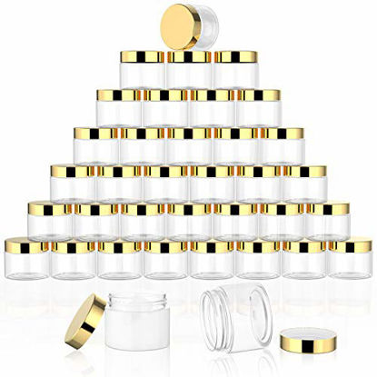 Picture of 36 Packs Plastic Jars Round Clear Leak Proof Cosmetic Container Jars with Inner Liners and Black Lids for Lotions Ointments Travel Make Up Storage (2 oz, Gold)