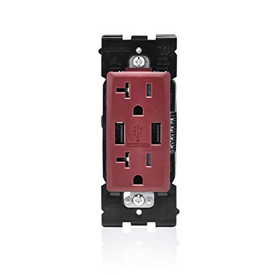 Picture of Leviton RUAA2-DG Renu USB Charger/Tamper-Resistant Duplex Outlet, 20A-125VAC, Deep Garnet