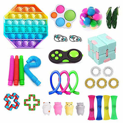 Picture of Pop it Fidget Toy Set, Anti Stress Toy, Relief and Anti-Anxiety Tools, Bundle Therapy Toys for ADHD Autism Stress Anxiety Gobbles, Push Pop Bubble, Beans, String, Cube, Squeeze Toy Sets 31Pieces