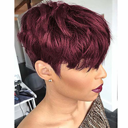 Picture of Yviann Pixie Cut Human Hair Wigs with Bangs Burgundy Color Wigs Cute Brazilian Short Red Layered Wavy Wigs for Women 99j Color