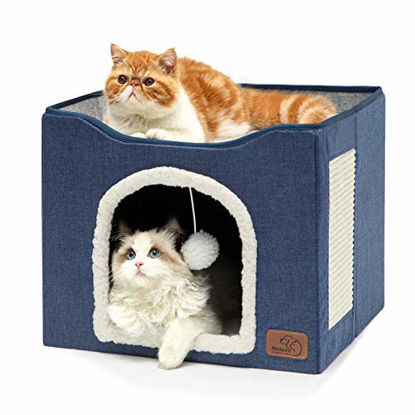 Picture of Bedsure Cat Beds for Indoor Cats -Large Cat Cave for Pet Cat House with Fluffy Ball Hanging and Scratch Pad, Foldable Cat Hidewawy,16.5x16.5x14 inches, Blue