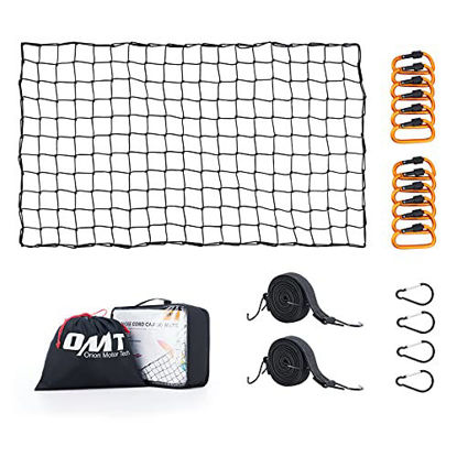 Picture of 3'x5' Cargo Net Roof Rack with 3x3 in. Small Mesh for Pickups SUVs, 6x10 Foot Max Bungee Net for Truck Bed Roof Rack, Truck Bed Net with Locking Carabiners, Straps, Holds Small & Large Loads Tighter