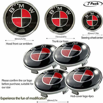 Picture of 7pcs Red Black Carbon Fiber Emblem for BMW,Wheel Center Caps Hub CapsX4,Emblem Logo Replacement for Hood/Trunk, Steering Wheel Emblem Decal