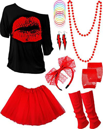 Picture of 80s Costume Accessories Set T-Shirt Tutu Headband Earring Necklace Leg Warmers (L, Red)