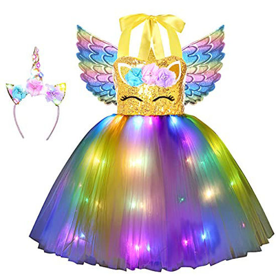 GetUSCart Soyoekbt Girls Unicorn Costume LED Light Up Unicorn Princess Dress Birthday Party Outfit Halloween Tutu Dress with Headband Gold Sequin 5 6 Years