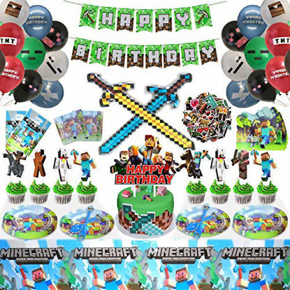 Picture of 183 Pcs Mine-craft Birthday Party Supplies/Decoration, Pixel Battle Birthday Party Decoration, Pixel Style Gamer Birthday Party Supplies Contain Banner