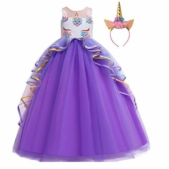 Picture of MYRISAM Unicorn Costume Princess Birthday Pageant Party Dance Performance Carnival Long Maxi Tulle Fancy Dress Up Outfits Purple 8-9T