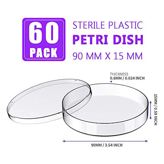 GetUSCart 60 Pack Sterile Plastic Petri Dishes with Lid, 90mm Dia x