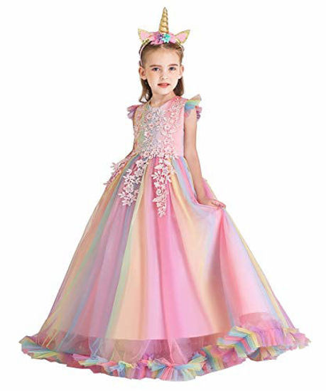 IZKIZF Girls Unicorn Costume Princess Tulle Dress w/Headband Birthday Pageant Party Carnival Cosplay Dress Up Outfits 