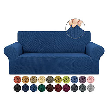Picture of KEKUOU Stretch Loveseat Sofa Slipcover 1 Piece Couch Sofa Cover (55"-79") Furniture Protector 2 Seater Sofa with Elastic Bottom for Kids,Pet.Jacquard Small Checked Pattern Fabric(Medium,Classic Blue)