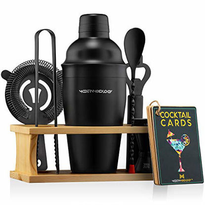 Picture of Mixology Bartender Kit with Stand | Black Bar Set Cocktail Shaker Set for Drink Mixing - Bar Tools: Martini Shaker, Jigger, Strainer, Bar Mixer Spoon, Tongs, Opener | Best Bartender Kit for Beginners