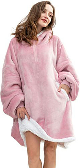 Picture of HBlife Oversized Wearable Blanket Hoodie for Adult, Thick Sherpa Sweatshirt with Elastic Sleeves and Giant Pockets Super Warm and Cozy Fuzzy Plush Fleece Blanket Jacket, Pink