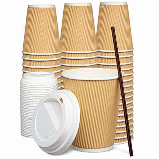 Picture of [100 Sets - 12 oz.] Insulated Ripple Paper Hot Coffee Cups With Lids