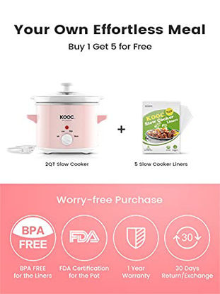 Picture of KOOC Small Slow Cooker, 2-Quart, Free Liners Included for Easy Clean-up, Upgraded Ceramic pot, Adjustable Temp, Nutrient Loss Reduction, Stainless Steel, Pink, Round