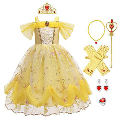 Picture of MYRISAM Girls Belle Princess Costume Embroidery Lace Dress Carnival Halloween Cosplay Christmas Birthday Ball Gown w/Accessories 7-8T