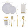 Picture of vplus 175PCS Gold Plastic Dinnerware ,Halloween Disposable Dinnerware Sets, Include 25 Dinner Plates,25 Dessert Plates,25 Forks,25 Knives,25 Spoons,25 Cups,25 Napkins (Gold Rim)