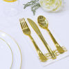 Picture of vplus 175PCS Gold Plastic Dinnerware ,Halloween Disposable Dinnerware Sets, Include 25 Dinner Plates,25 Dessert Plates,25 Forks,25 Knives,25 Spoons,25 Cups,25 Napkins (Gold Rim)