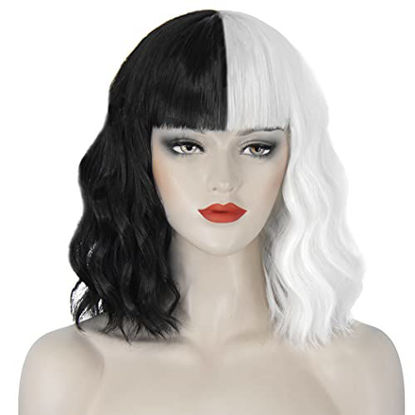 Picture of Juziviee Cruella Deville Wigs for Women, 12'' Short Black and White Wigs with Bangs for Cruella Cosplay Costume JZ001BW