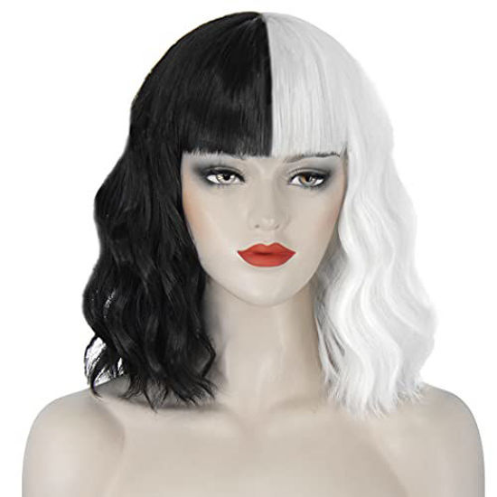 Picture of Juziviee Cruella Deville Wigs for Women, 12'' Short Black and White Wigs with Bangs for Cruella Cosplay Costume JZ001BW