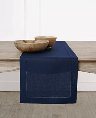 Picture of Solino Home 100% Pure Linen Hemstitch Table Runner - 14 x 120 Inch, Handcrafted from European Flax, Machine Washable Classic Hemstitch - Navy