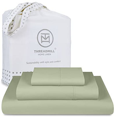 Picture of 300 Thread Count Sage Green Twin Sheet Set - 100% Cotton Washable Breathable, Silky Soft Sateen Sheets - 3 Pc Bed Sheet Set - Elasticized Deep Pockets - Best Wrinkle Free Bedding Sheets by Threadmill