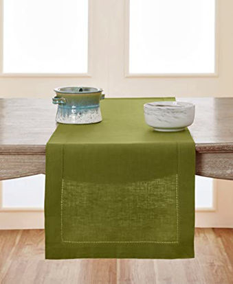 Picture of Solino Home 100% Pure Linen Hemstitch Table Runner - 14 x 120 Inch, Handcrafted from European Flax, Machine Washable Classic Hemstitch - Avocado Green