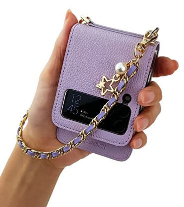 Picture of Qoosan Leather Cover Designed for Samsung Galaxy Z Flip 3 5G Case (2021) with Card Holder Wallet Hinge Protector Bling Metal Chain Wrist Strap Protective Phone case for Women, Purple