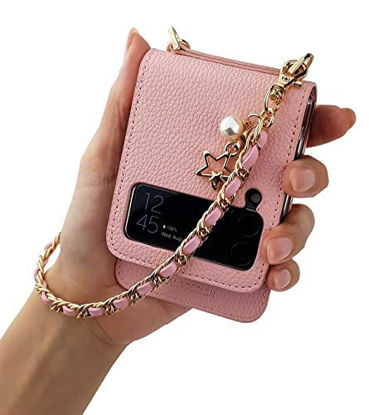 Picture of Qoosan Leather Cover Designed for Samsung Galaxy Z Flip 3 5G Case (2021) with Card Holder Wallet Hinge Protector Bling Metal Chain Wrist Strap Protective Phone case for Women, Pink