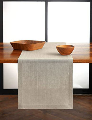 Picture of Solino Home Pinstripe Pure Linen Table Runner - 14 x 120 Inch, 100% European Flax, Natural Fabric - Natural & White