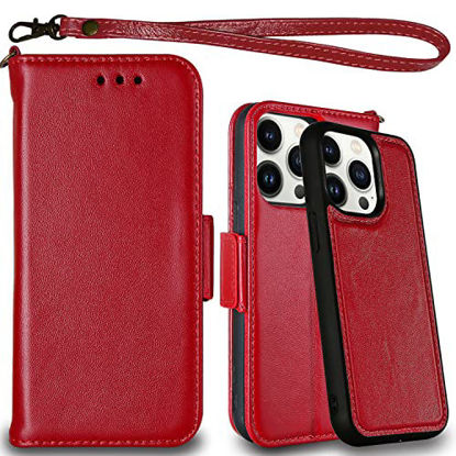 Picture of Mefon Genuine Leather Folio Wallet Case for iPhone 13 Pro 6.1", Wireless Charging Compatible, RFID Card Protection, Magnetic Detachable, Luxury Flip Phone Cases Cover, Tempered Glass Included (Red)