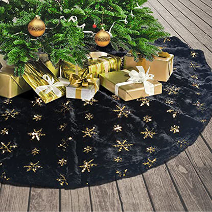 Picture of DegGod Plush Christmas Tree Skirts, 48 inches Luxury Black Faux Fur Xmas Tree Base Cover Mat with Gold Snowflakes for Xmas New Year Home Party Decorations (Black, 48 inches)