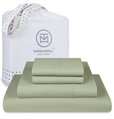 Picture of 300 Thread Count Sage Green Queen Sheet Set- 100% Cotton Washable, Breathable, Silky Soft Sateen Sheets - 4 Pc Bed Sheet Set, Elasticized Deep Pockets - Best Wrinkle Free Bedding Sheets by Threadmill