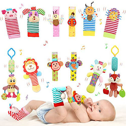 Picture of Bloobloomax Baby Soft Toy Foot Finder Socks Wrists Rattles Ankle Leg Hand Arm Bracelet Activity Hanging Rattle Baby Shower Present for Infant Toddler Boy Girl Bebe (12 Animals)