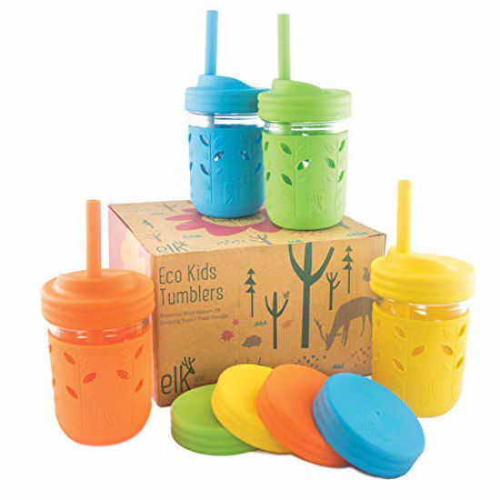Picture of Elk and Friends Kids & Toddler Cups | The Original Glass Mason Jars 8 oz with Silicone Sleeves & Silicone Straws with Stoppers | Smoothie Cups | Spill Proof Sippy Cups for Toddlers
