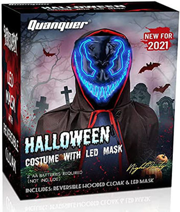 Picture of Quanquer Halloween Mask Scary Led Light Up Mask with Reversible Hooded Cape Cloak for Festival Cosplay, Halloween Costume Masquerade Parties Carnival, Gift for Men Women Kids
