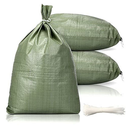 Picture of 100 Pieces Sand Bags for Flood Protection, 14 x 26 Inches Empty Poly Sandbags for Flooding, Woven Polyethylene Thickened Sandbags with 100 Pieces Nylon Cable Ties, Dark Green