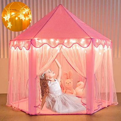 Picture of Moncoland Princess Castle Girls Play Tent Toy, Kids Large Fairy Playhouse Tent with Star Lights, Gift for Children Toddlers Indoor and Outdoor Games