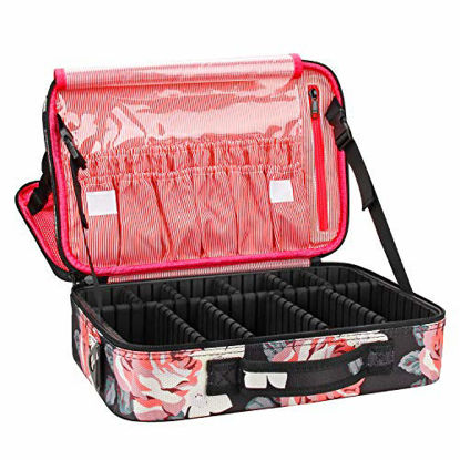Picture of Relavel Makeup Bag Travel Makeup Train Case 13.8 inches Large Cosmetic Case Professional Portable Makeup Brush Holder Organizer and Storage with Adjustable Dividers (Peony Pattern)