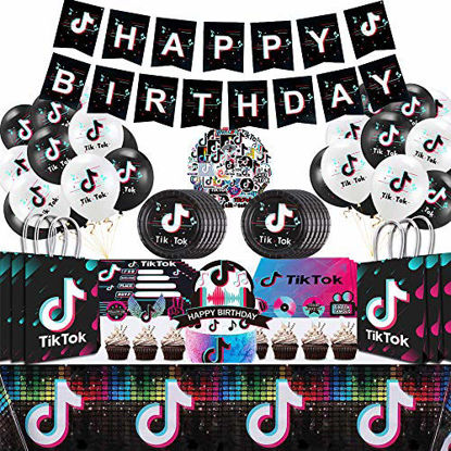 Picture of VWORK 136 Pcs Tik Tok Birthday Party Supplies Decorations - Tablecloth - Goody Bags - Invitations - Cake Toppers for Tik Tok Party Supplies.